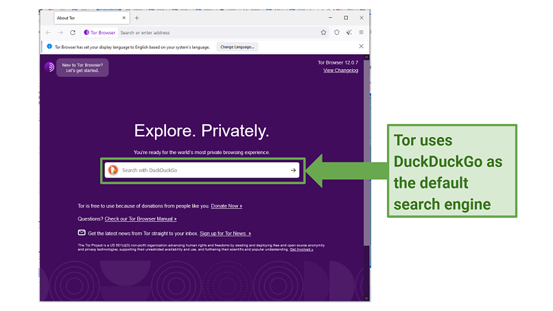 Screenshot of the Tor browser homepage showing DuckDuckGo as the default search engine