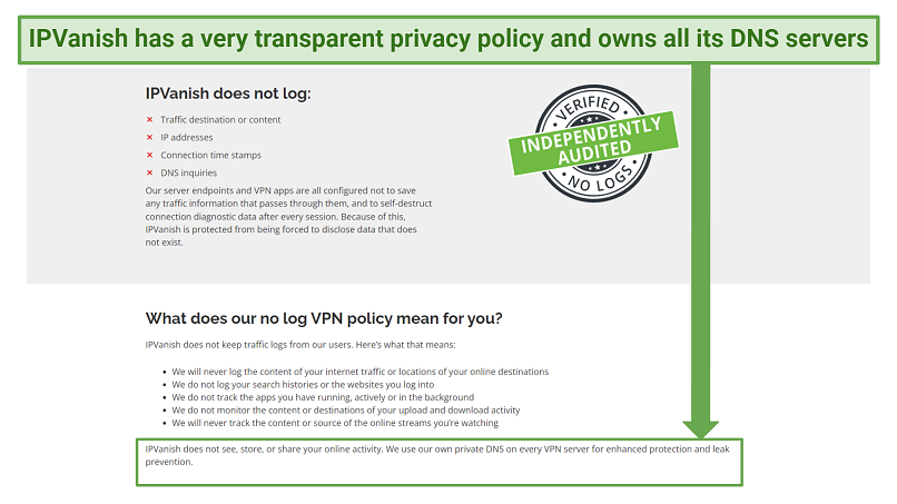 Screenshot showing IPVanish's no-logs promises and stating it owns all its servers