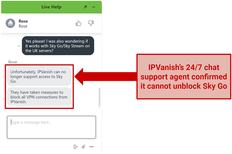 Screenshot of conversation with chat support confirming that IPVanish cannot unblock Sky Go