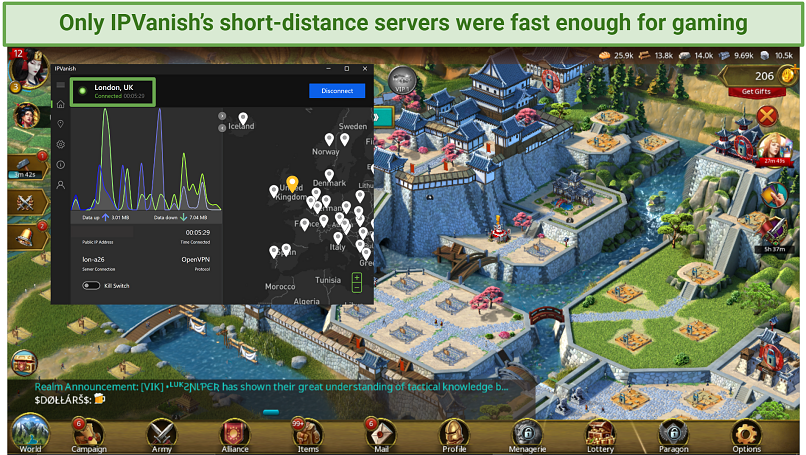 Screenshot of gaming with IPVanish on London server