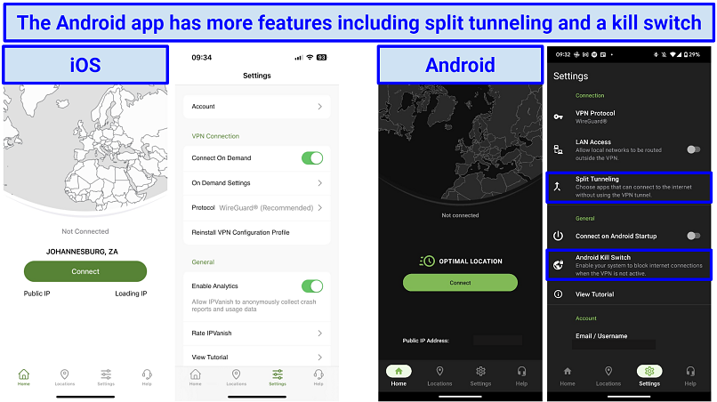 Screenshot of IPVanish's Android and iOS applications