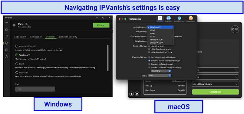 Screenshots of IPVanish's settings page on the Windows and macOS applications