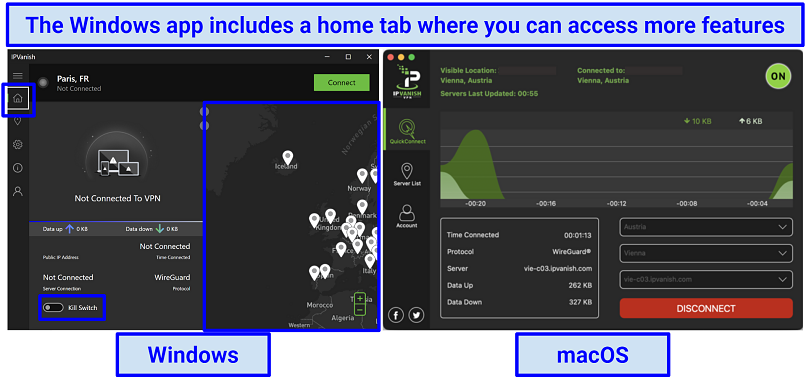 Screenshot of IPVanish's macOS and Windows applications