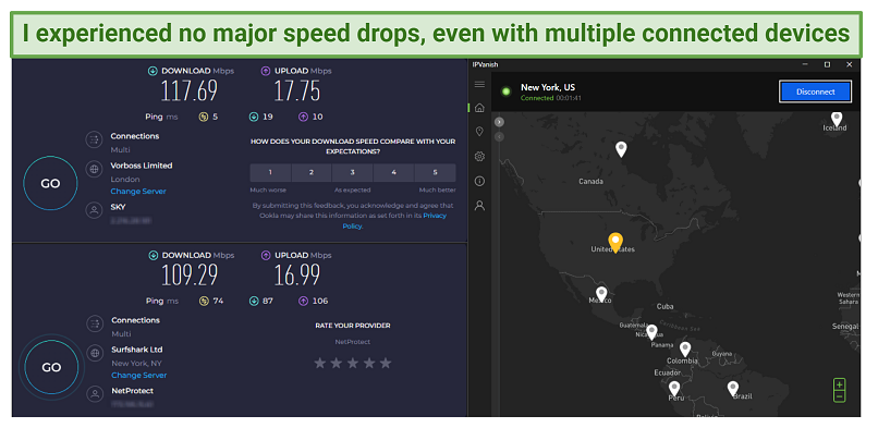 A screenshot showing the writer's base internet speed and the speed of their connection when using IPVanish's New York server