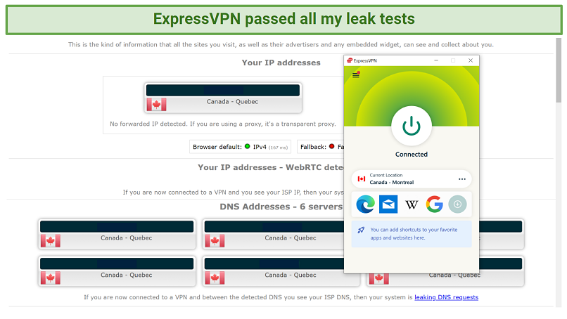 Screenshot of a leak test performed on ipleak.net while connected to ExpressVPN's Montreal server