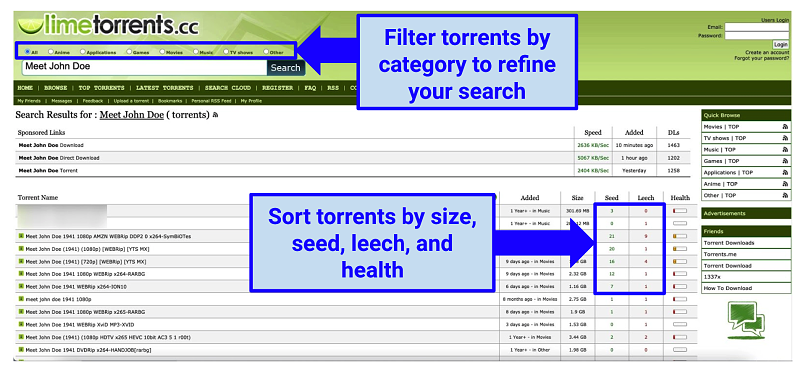 Graphic showing Limetorrents interface