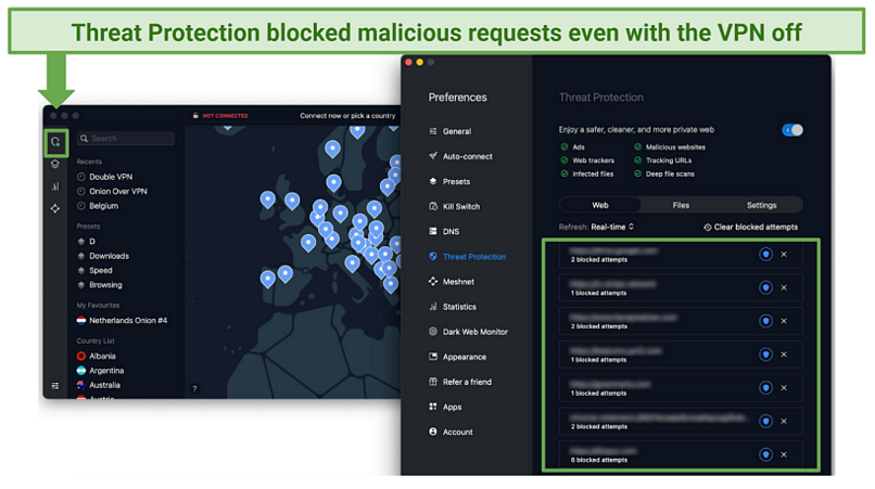 A screenshot of NordVPN's Threat Protection feature blocking trackers and malicious requests