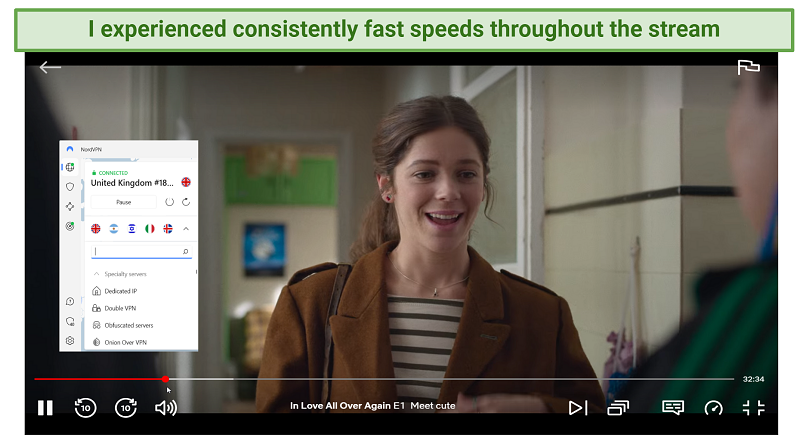 Screenshot of In Love All Over Again streaming on Netflix UK with NordVPN connected