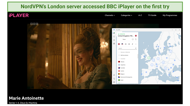 A screenshot showing an episode of Marie Antoinette playing on BBC iPlayer while connected to NordVPN's London server