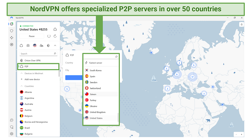 an image displaying a list of Nord's P2P servers