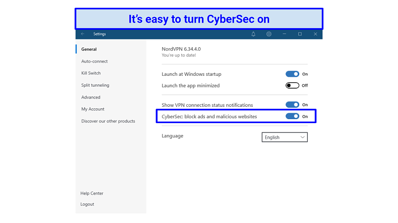 A screenshot of NordVPN's CyberSec settings