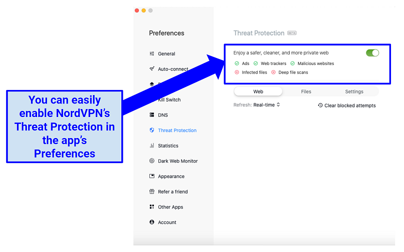 Screenshot of the NordVPN MacOS app highlighting the Threat Protection feature 