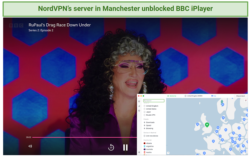 Screenshot of BBC iPlayer streaming RuPaul's Drag Race Down Under while connected to NordVPN 