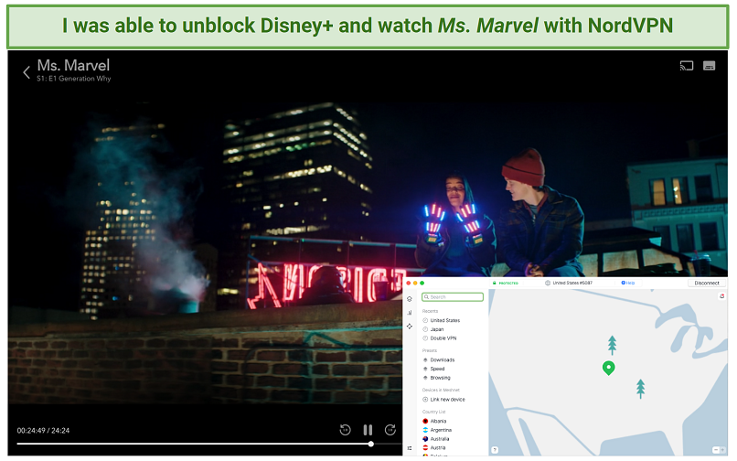 Screenshot of Disney+ player streaming Ms. Marvel while connected to NordVPN