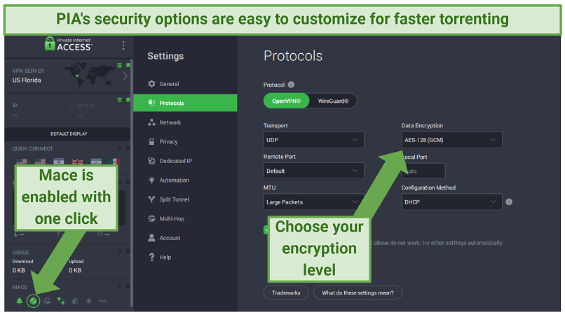 PIA's Windows app displaying security settings