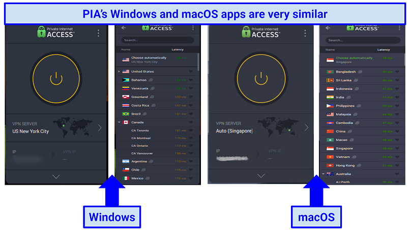 Screenshot of PIA's Windows and Mac apps