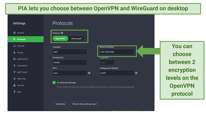 screenshot of PIA's protocol settings in the app