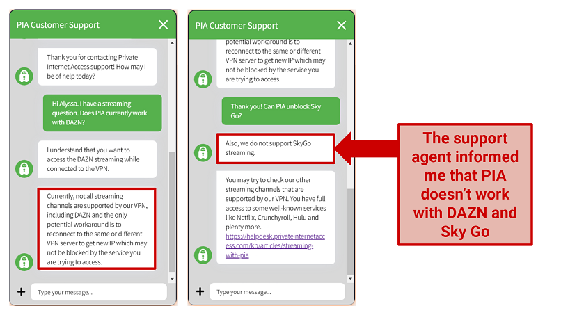PIA's support agent informing me that it's not working with DAZN and Sky Go