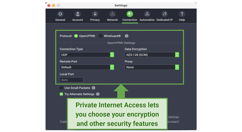 Graphic showing PIA security settings