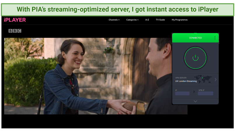 Screenshot of the BBC iPlayer streaming Fleabag with a connected Private Internet Access app