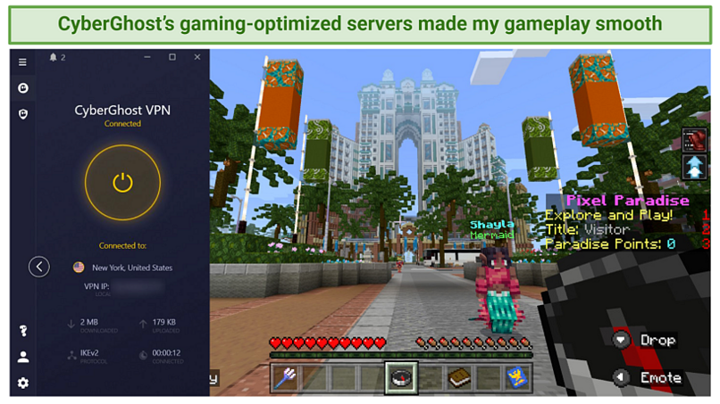 A screenshot of CyberGhost working with Minecraft