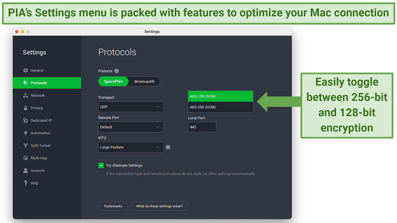 Screenshot showing how to toggle encryption levels on the PIA Settings menu