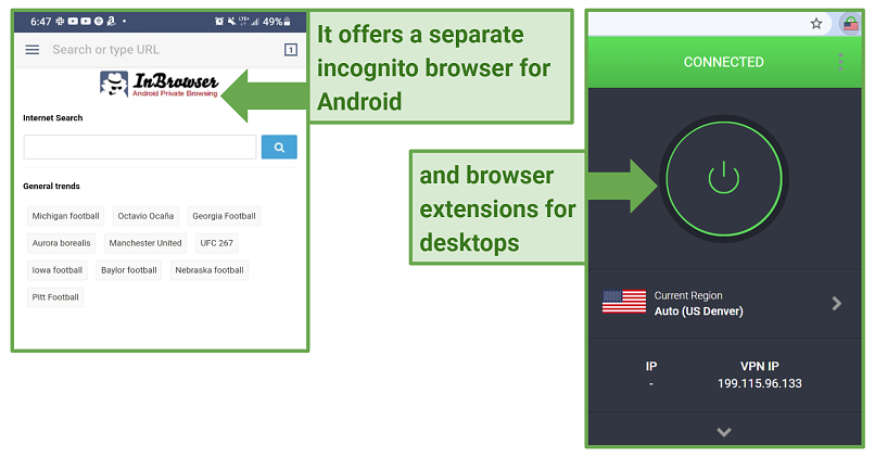 Screenshot of InBrowser and Private Internet Access' Chrome browser extension