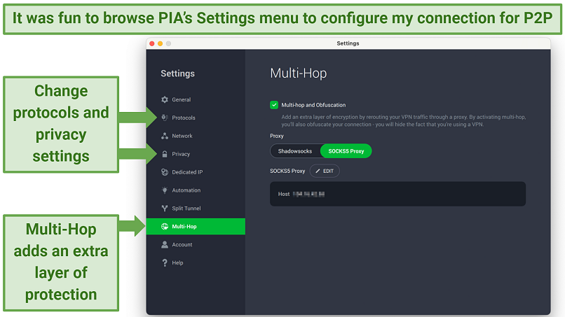 Screenshots of the PIA Settings menu with Multi-Hop selected