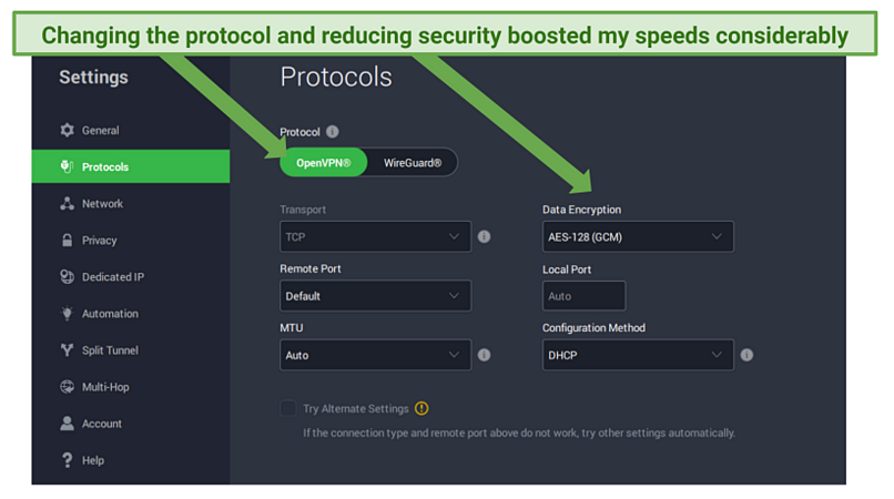 A screenshot showing Private Internet Access's protocols settings