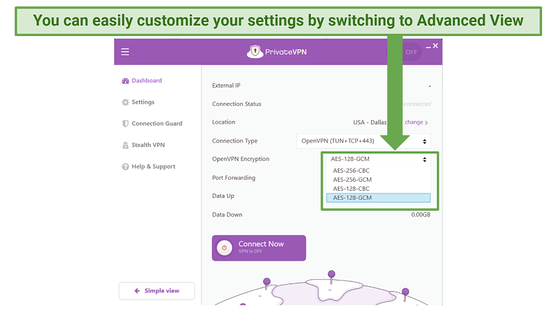 screenshot showing PrivateVPN's customizable security settings