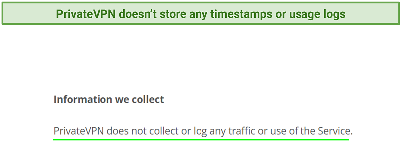 Screenshot of PrivateVPN's privacy policy highlighting the information it collects