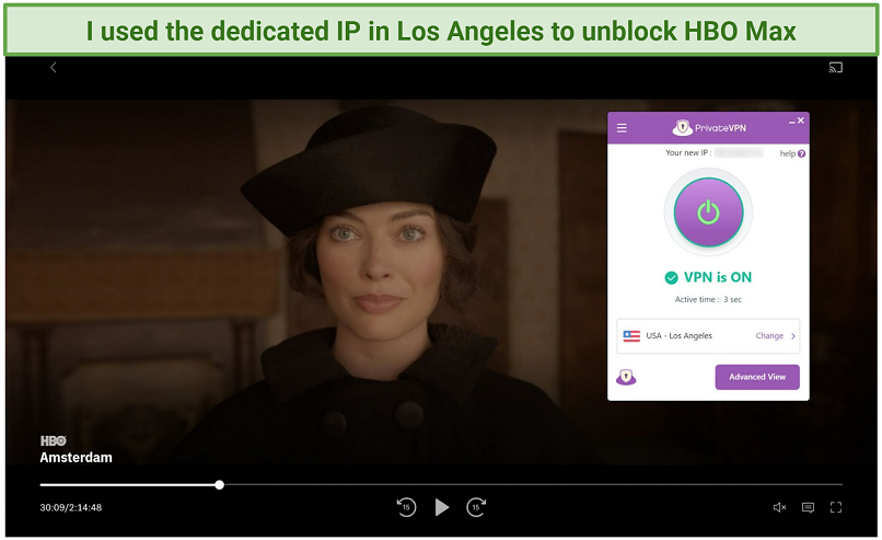 Screenshot of HBO Max player streaming Amsterdam while connected to PrivateVPN