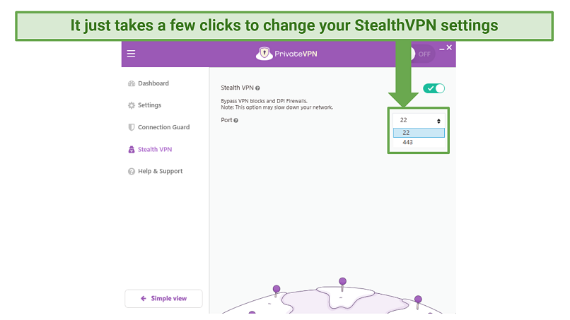 A screenshot showing how to activate PrivateVPN's StealthVPN feature and configure which ports it uses