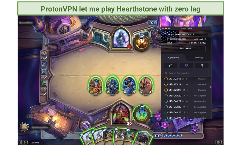 Screenshot of an online Hearthstone match played while connected to Proton VPN