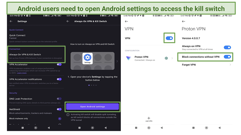 Screenshots of Proton VPN settings and Android settings needed to turn on kill switch