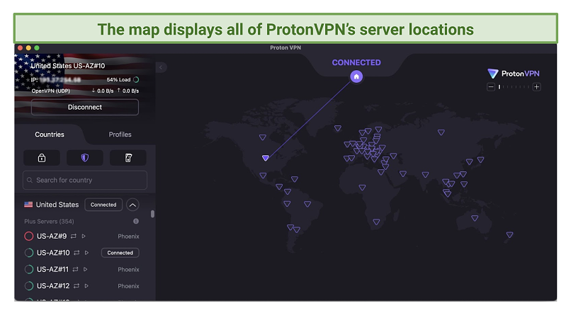 Screenshot of Proton VPN UI, showing its map and server list