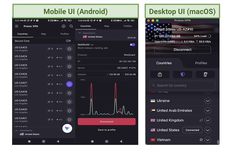 Screenshot of Proton VPN UIs for Windows and Android devices