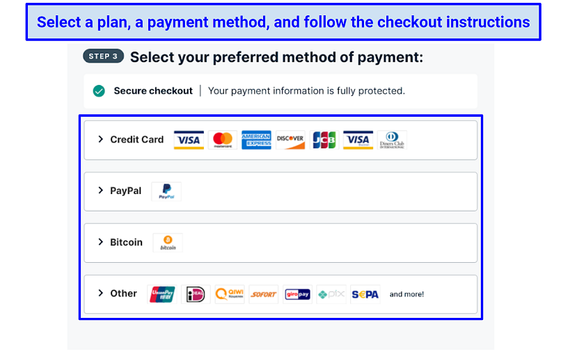 Screenshot of ExpressVPN's payment method options