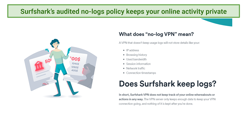 Screenshot displaying information about whether or not Surfshark keeps logs