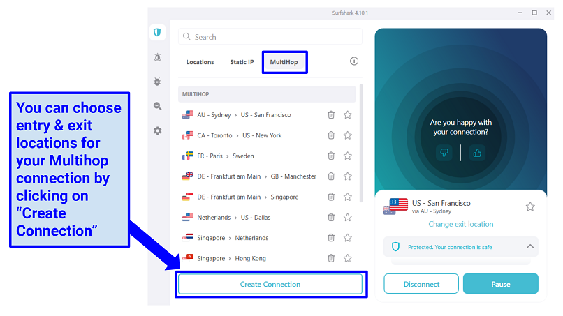 Screenshot showing how to set up a Multihop connection on Surfshark