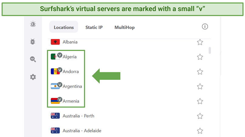 Screenshot of Surfshark's app showing virtual servers