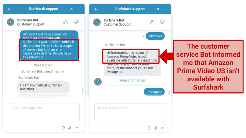 Screenshot of conversation with Surfshark rep explaining it can't unblock Amazon Prime Video