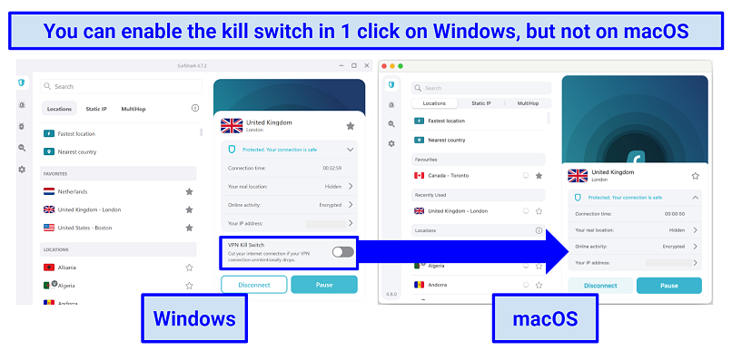 Screenshots comparing Surshark's Windows and macOS apps