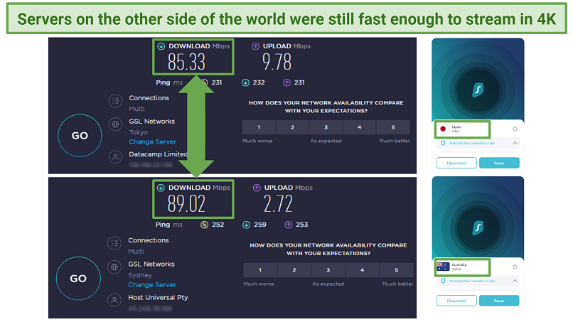 Screenshots of Ookla speed tests done while connected to Surfshark servers in Japan and Australia